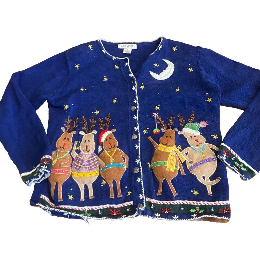 Ugly Christmas Holiday Cardigan Sweater Reindeer Embellished Embroidered Medium